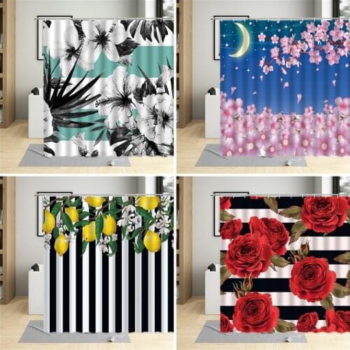 Color Flower Shower Curtain Pink Cherry Blossom Red Rose Lemon Plant Leaf Black White Striped Cloth Bathroom Hanging Curtain Set