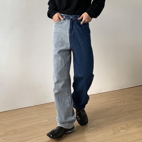 EukaaRu High Street Fashion Color Contrast Patchwork Jeans Mens Loose Straight Wide Leg Pants Straight Trousers Mens Jean Pants