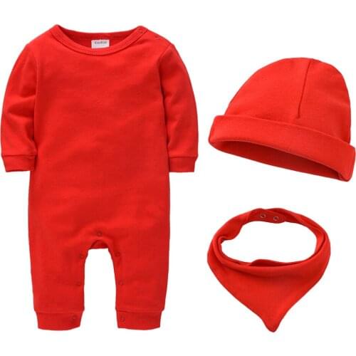 KAVKAS Newborn Unisex Baby Romper 3 pcs Rompers+Hat+Bib 100% Cotton Solid Body Clothes Infant 0-18 Months Jumpsuit