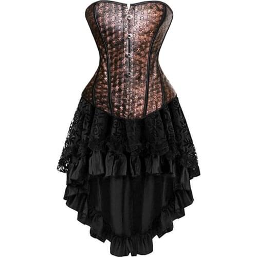 Leather Corset Dress Sexy Skull Bustier Tops Skirt Set Overbust Corselet Burlesque Gothic Vintage Plus Size Halloween Costume