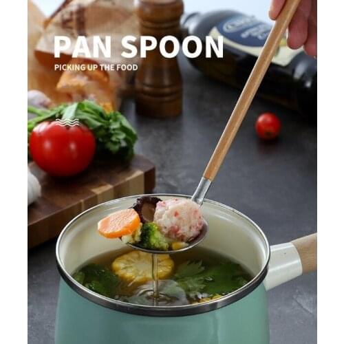 Creative 304 stainless wood handle Japanese cuisine soup spoon Chinese hot pot slotted spoon oil mesh leaking