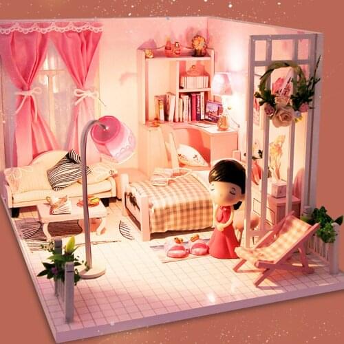 Creative Dollhouse with Furniture Plus LED Light & Dustproof Case Battery Case Wooden Crafts Pink Cottage Doll House Toys