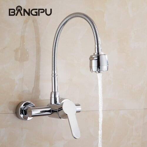 BANGPU Kitchen Sink Faucet Rotary Sink Faucet Wall Mounted Kitchen Faucet 2 Hole Kitchen Tap Single Handle Chrome Stream Spraye
