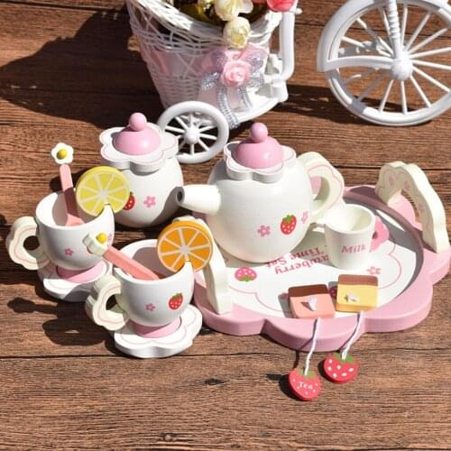 Dollhouse Wooden Mini Strawberry Tea Set for Kids Kitchen Role Play Pretend Playset