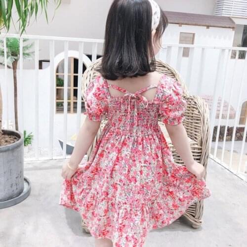 DFXD Summer Girls Dresses For 2-7T Children Girl Puff Sleeve Rose Print Princess Dress Korean New Chiffon Dress Kids Clothes