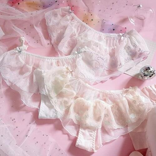 Kawaii Candies/Snowflake Embroidery Cute Girls Panties Briefs Womens Underwear Daily Wear Yarn Lace Pantsu Dreamy Ruffles