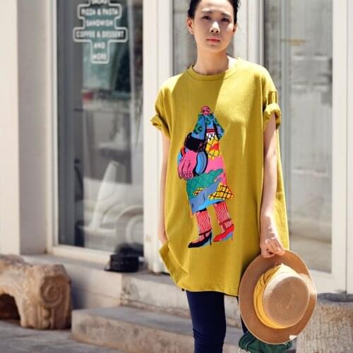 MICOCO T1218C Literary wash fashion modern color print loose medium to long short sleeves T-shirt