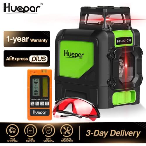 Huepar Red 5 Lines Laser Level Cross Line 360 Rotary Self-leveling Lasers With Digital Laser Detector Receiver + Laser Glasses