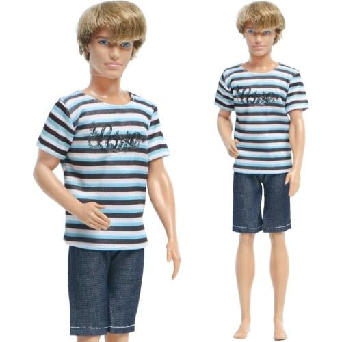 One Set Men Outfit Daily Casual Wear Striped Print Shirt Black Short Pants Clothes for Ken Doll Accessories Dollhouse Baby Toy