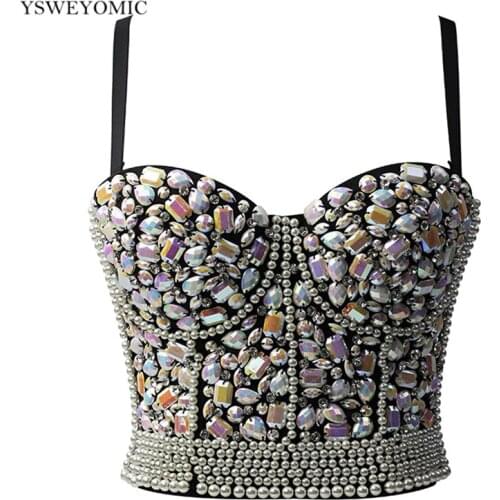 Sexy Pearls Rhinestone Cropped Tops Women Bustier White Tank Top Rave Festival Club Party Top Underwear Camis Vest Plus Size