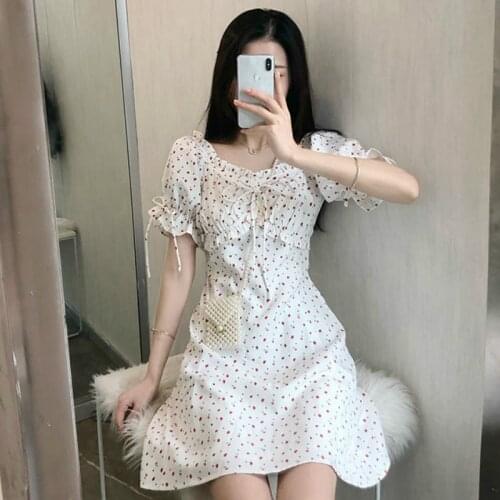 Dress Women A-line Elegant Kawaii Floral Design White Sweet Girl Fashion Lace Up Retro French Summer Dresses Female Romantic New
