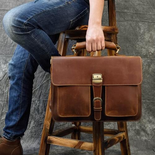 Genuine Leather Men briefcase Cowhide 15 inch Laptop Business bag Vintage Cowhide shoulder bag for man Office Handbag Portfolio