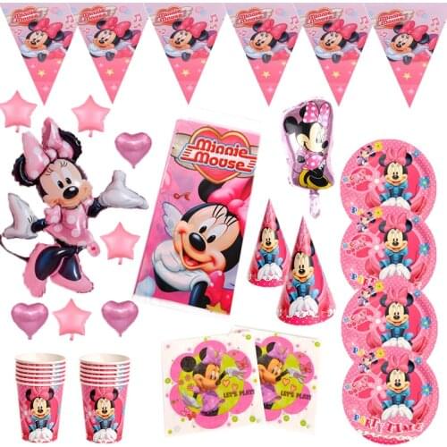 Pink Minnie Them Party Disposable Tableware Set Disney Minnie Mouse Girls Kids Party Decorations Paper Cups Napkins Plates Straw