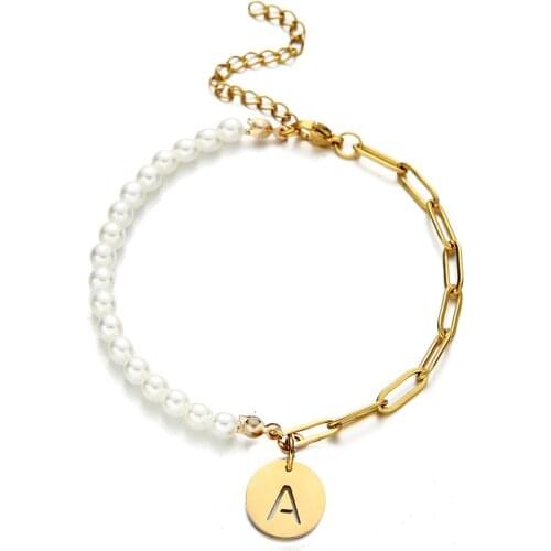 Sweet Imition Pearl Chain Bracelet Stainless Steel Letter Pendant Couple Initials Bracelets Fashion Jewelry