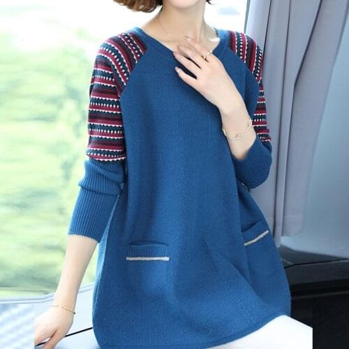 Print Patchwork Loose Knitted Pullovers Women Plus Size 6XL Vintage Sweaters With Pocket Casual O-Neck Knitwear Tops Female