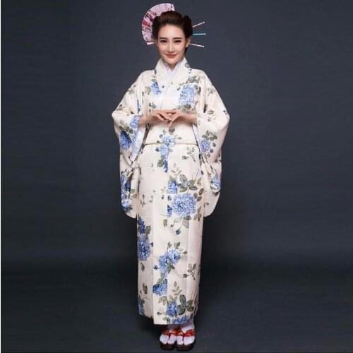 Japanese National Style Women Yukata Traditional Kimono With Obi Performance Dance Dress Cosplay Costume Flower One Size 715-16