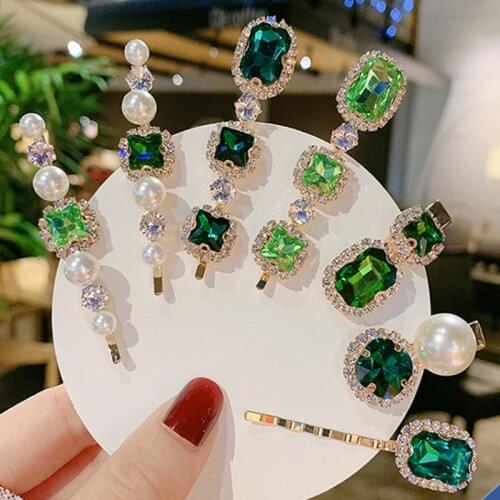 Super Shiny Green Crystal Pearl Hair Clips For Women Hair Accessories Rhinestone Hairpins Bows Flower Diamond Hairgirps Barrette