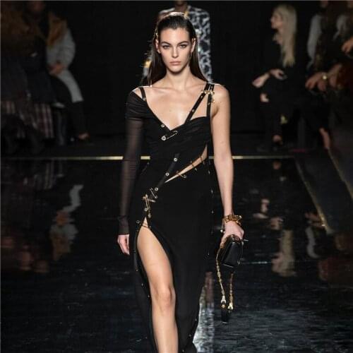 Autumn New Woman Fashion Sexy One Shoulder Straps Hollow Out Black Ankle Length Long Dress Elegant Celebrity Party Dress Vintage