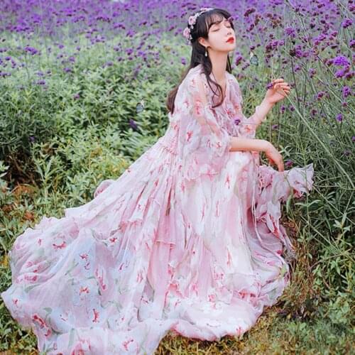 Women Summer Chiffon Dress New Three Quarter Sleeve Floral Print Ruffles Elegant Elastic Waist Long Party Dresses 2021 Hot Sale