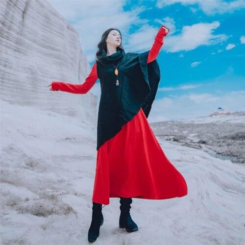 2019 Autumn Winter Dress Women Robe Vintage Femme Ethnic Hairy Turtleneck Long Sleeve Casual Ladies Maxi Long Dresses AA4349