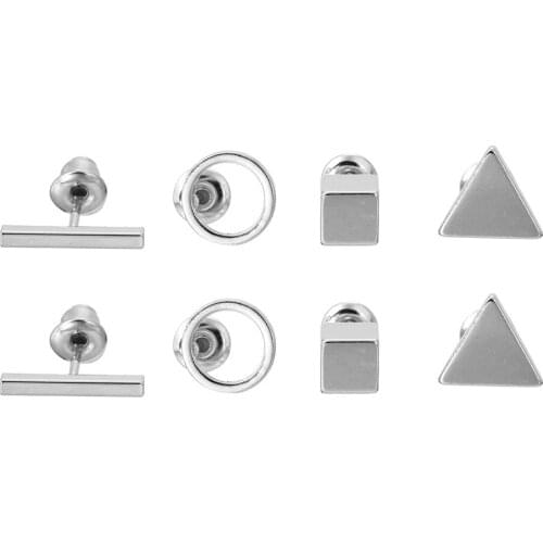 4Pair/Set Simple Cool Unisex Tiny Geometric Earrings Triangle Round Square Shape Ear Studs Trendy Chic Jewelry Accessories