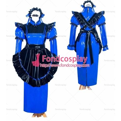 Fondcosplay adult cross dressing sissy maid long French Lockable Blue heavy PVC Dress Uniform black apron Tailor-made[G3987]