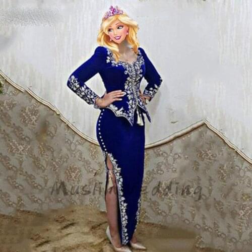 Elegant Karakou Algerian Royal Blue Evening Dress Caftan Arabic Short Mermaid Prom Dress 2021 Long Sleeve Side Slit Lace Party