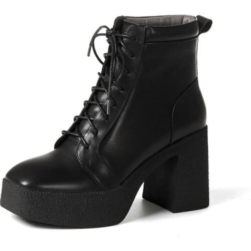 Elegant Genuine Leather Women Ankle Boots 2020 Autumn Winter Platform Thick High Heels Pumps Working Basic Shoes Woman