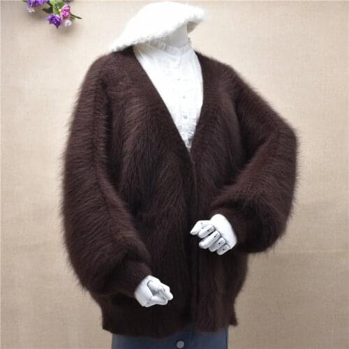 Top Fashion women thick warm loose cardigans v-neck long sleeve angora rabbit fur knitwear cashmere mink sweaters coat jacket