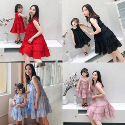 2019 Summer Mommy and me Chiffon Sleeveless Dresses Family Matching Outfits Mother Daughter Dress Girls Beach Vacation Clothes