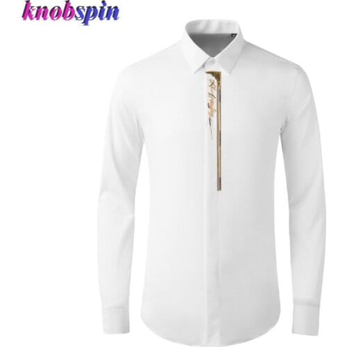 Goldline Embroidery Men Shirt Long Sleeve Slim Business male Dress Shirts High Quality Cotton Casual Chemise Homme Plus Size