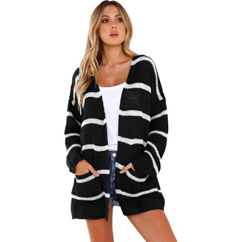 New Women Spring Autumn Winter Sweater Long Cardigan Striped Pocket Long Sleeve Loose Split Sweater Solid Outwear Coat