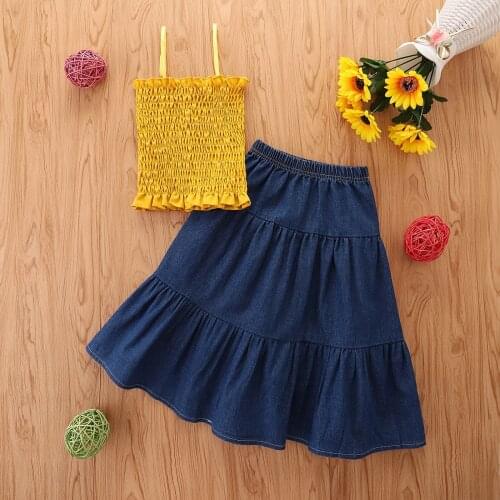 2-7Y Fashion Children Girls Clothes Sets Summer Kids Sweet Stringy Selvedge Sleeveless Suspender Top Long Denim Skirt 2pcs Oufit