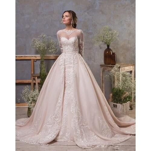 Dress with removable train Jewel Neck lace Appliqued long arm wedding Custom beach