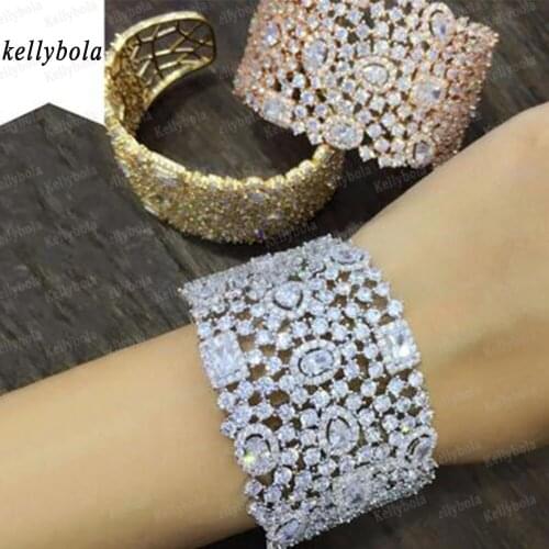 KellyBola Luxury Bridal Wedding Open Bangle Jewelry Cubic Zirconia Top Quality Nigerian African Women Anniversary Party Bijoux