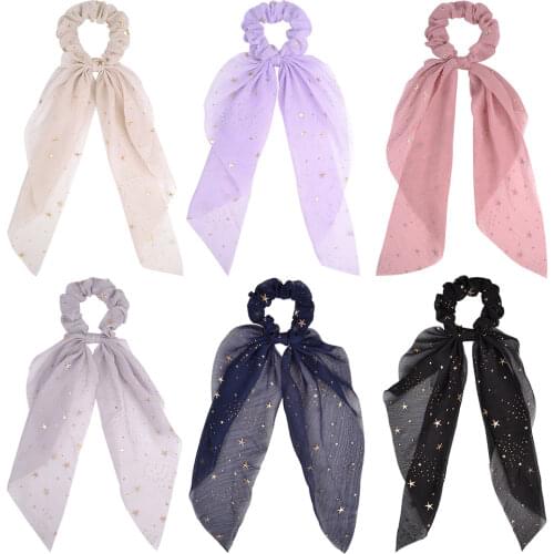 Bling Scarf Scrunchies for Women Girls Gold Stars Long Ribbon Elastic Hair Rubber Bands Ponytail Holder Hair Ties Accessories