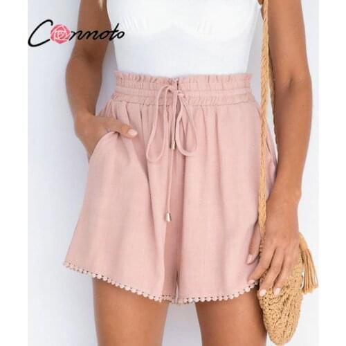 Conmoto Elastic waist drawstring shorts Pocket dusty pink summer shorts woman Causal loose lace hollow out side shorts 2021 new