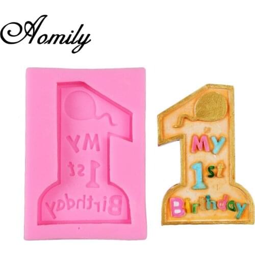 Aomily 1st Birthday Silicone Mold Baby Shower Party Cake Fondant Cookies Chocolate Baking Mould DIY Soap Candle Mold Decorating