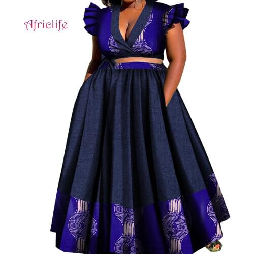 Sexy Lady Maxi Skirt Suit 2 Pcs Set Women Turn Down Color Mini Top and Pleated Half Skirt African Wax Cotton Suit WY7128