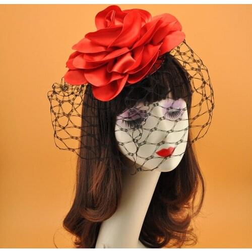 Vintage Big Flower Veil Hair Clip for Women Red Black Satin Floral Headpiece Bride Cocktail Banquet Party Mesh Hair Accessories