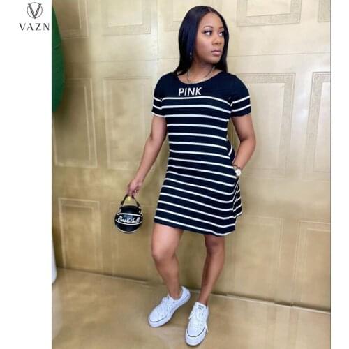 VAZN Top Quality 2021 Sexy Causal Striped O-neck Party Dress Women Elegant Fashion Slim Dress Club Birthday Shinny Dress