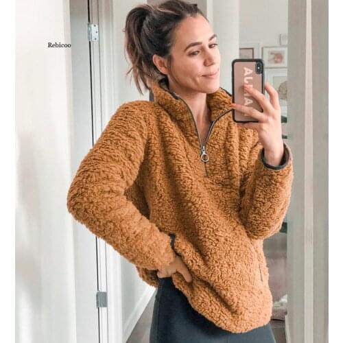 Elegant Plush Fleece Sweatshirts Women Winter Autumn Long Sleeve Pocket Pullover Coats Zipper Fluffy Hoodie Coats Outwear Tops