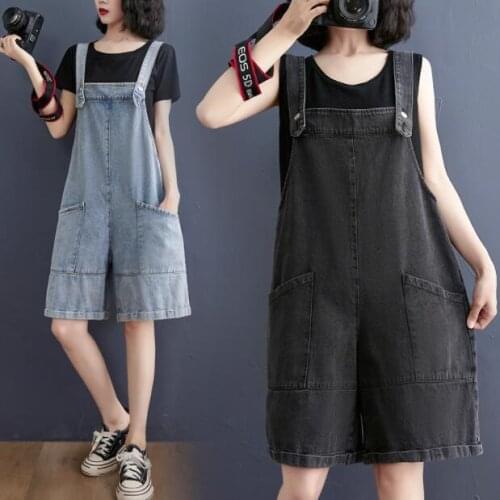#2391 Black Blue Spaghetti Strap Playsuits Women Loose Wide Leg Playsuit With Pockets Casual Short Jumpsuit Femme Denim Overalls
