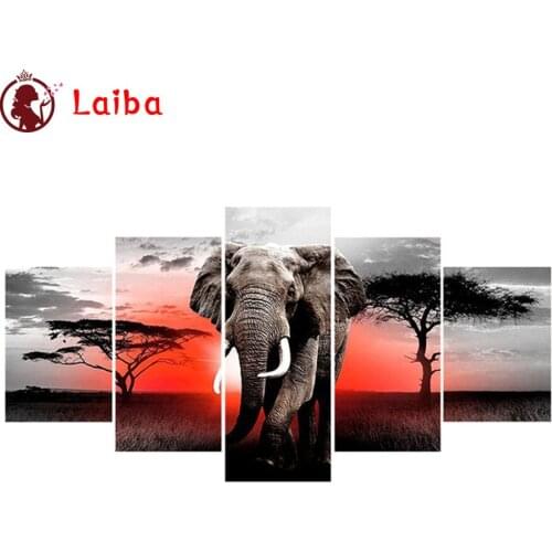 Diamond Embroidery Sunset african animal elephant Full Square round Diamond Mosaic Art Painting Cross Stitch Wall Decor5pcs