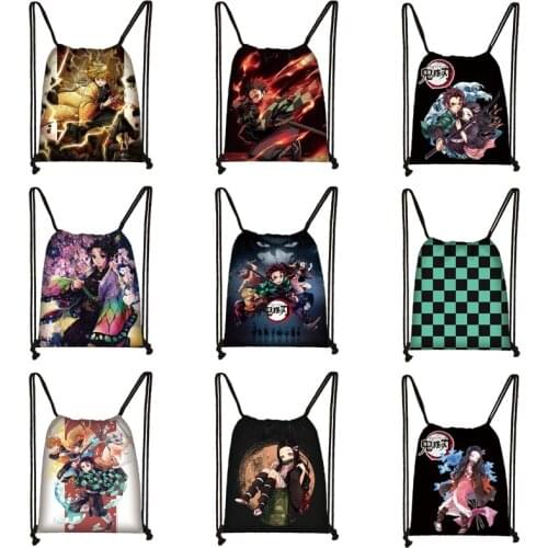 Anime Demon Slayer Kimetsu No Yaiba Cartoon Drawstring Pocket Student Portable School Bag Polyester Outdoor Shopping Storage Bag