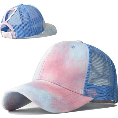 Adjustable Tie Dyed Baseball Caps Ripped Peaked Cap Sport Caps Women Cross Ponytail Cotton Sun Hat Suitable For Head