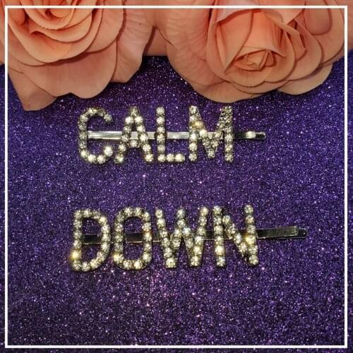 Blingbling Unique Hair Accessories Crystal Words Set Hair Pins "CALM DOWN" 2pcs/set Funny Saying Words Hairslide Bobby Pins
