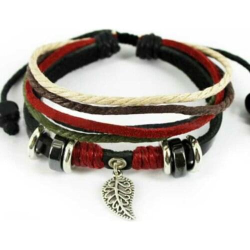 Leaf Beaded Red Wrap Design Vintage Fashion Cuff Bangle Retro Brown Woven Rope Men Leather Bracelets Women Jewelry Accessories