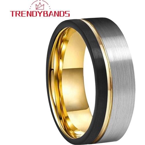 8MM Black Gold Two Tone Tungsten Carbide Engagement Rings For Men Women Wedding Band Brushed Finish Comfort Fit