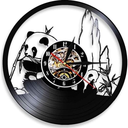 Giant Panda Led Night Light Hanging Watch Wild Panda Bear Eating Bamboo Vinyl Record Wall Clock Decor Exclusive Hanging Lamp